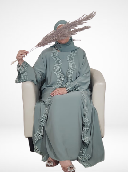 Sage Green Lace Abaya (3 Piece Set)