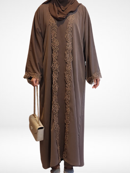 Mocha Brown Lace Abaya (3 Piece Set)