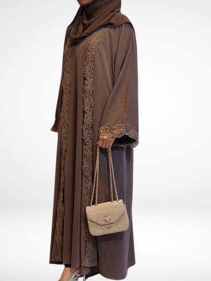Mocha Brown Lace Abaya (3 Piece Set)