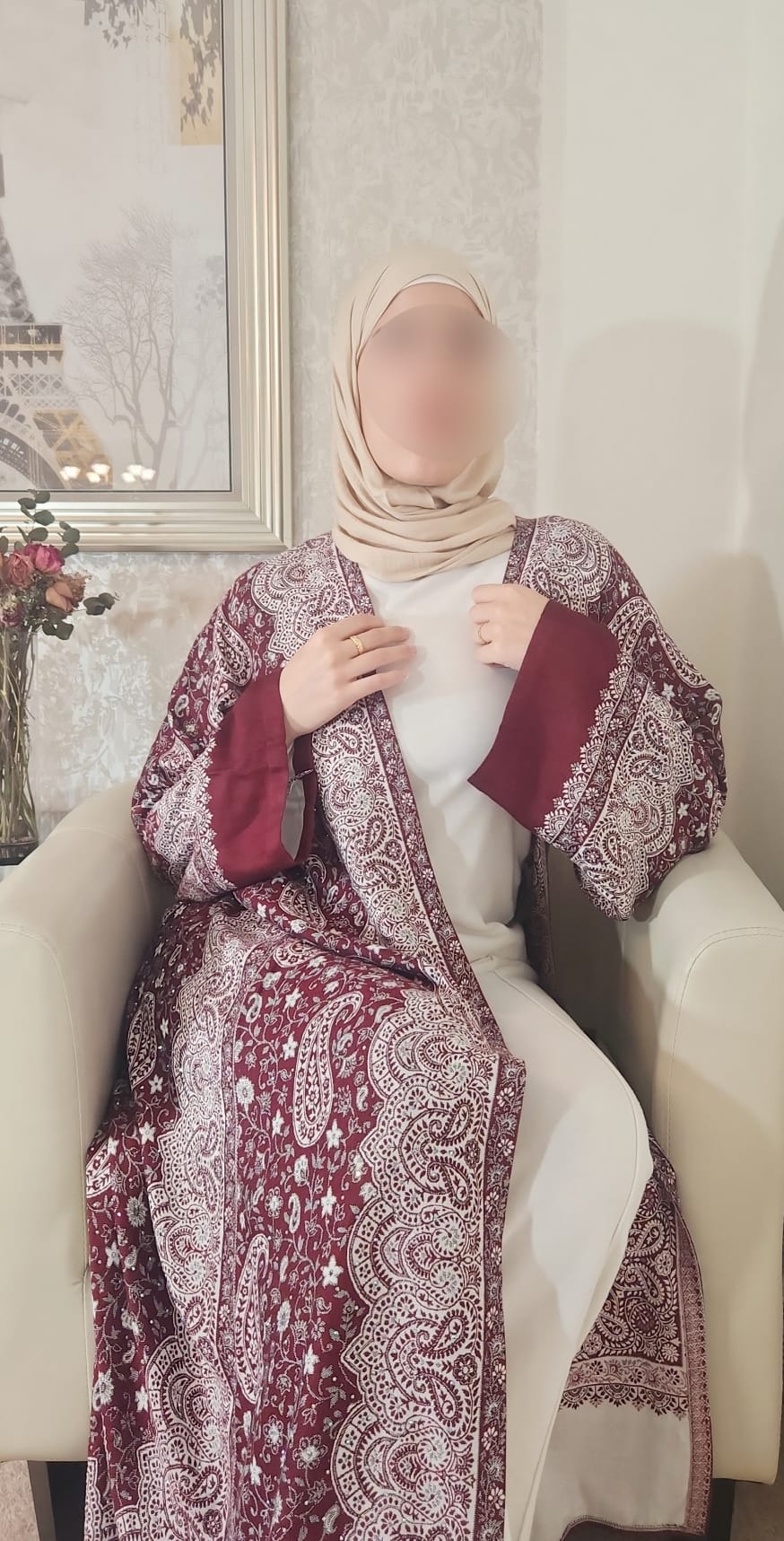 Maroon & Cream 100% Cashmere Pashmina Occasion Abaya
