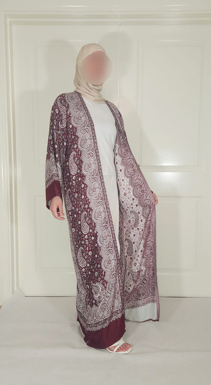 Maroon & Cream 100% Cashmere Pashmina Occasion Abaya