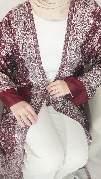 Maroon & Cream 100% Cashmere Pashmina Occasion Abaya