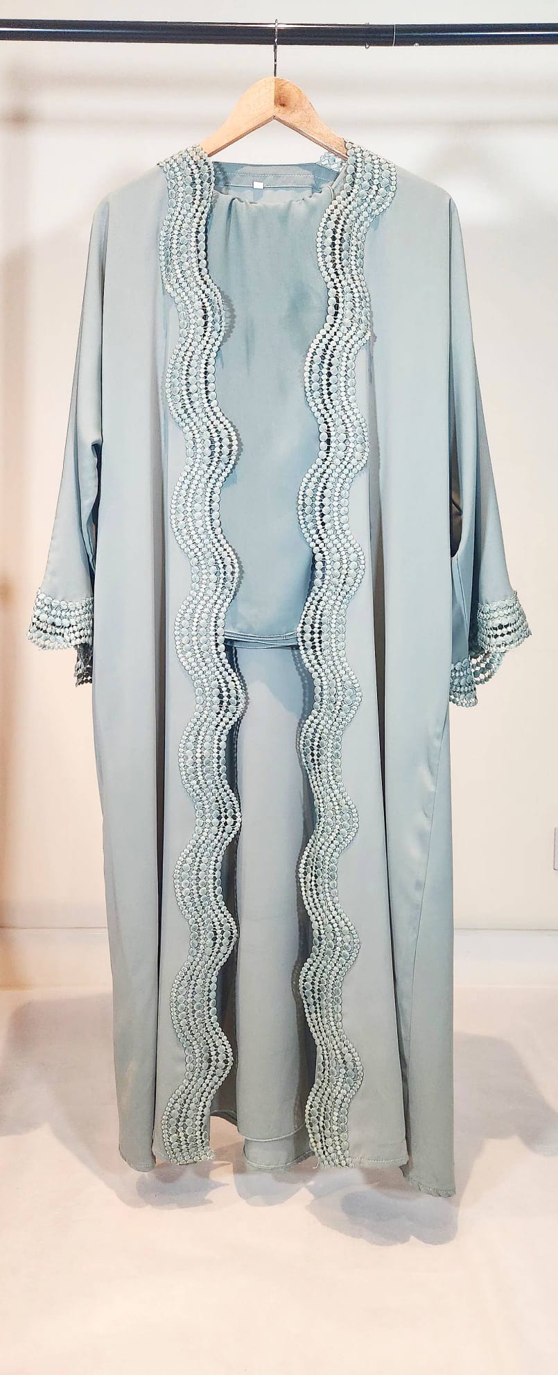 Summer Lace Abaya Sage Green 3 Piece Set