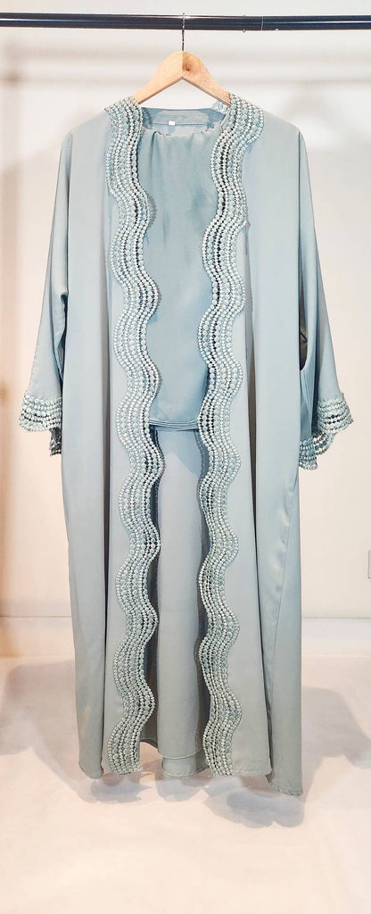 Summer Lace Abaya Sage Green 3 Piece Set