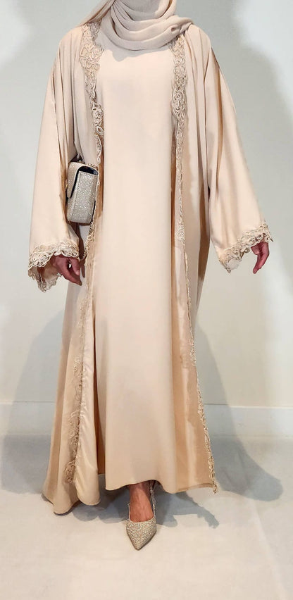 Summer Lace Abaya Peach 3 Piece Set