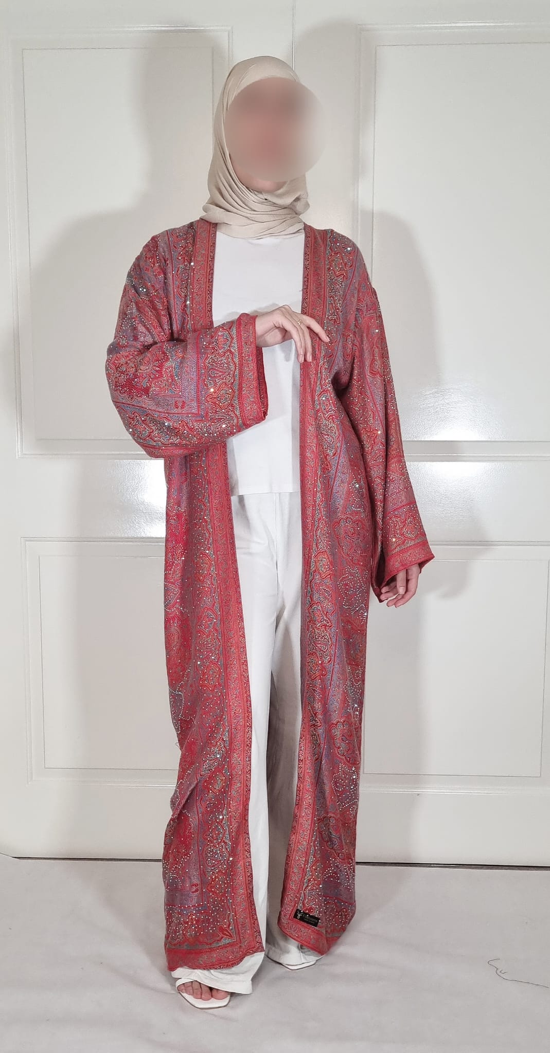 Red Base Multicolour 100% Cashmere Pashmina Occasion Abaya