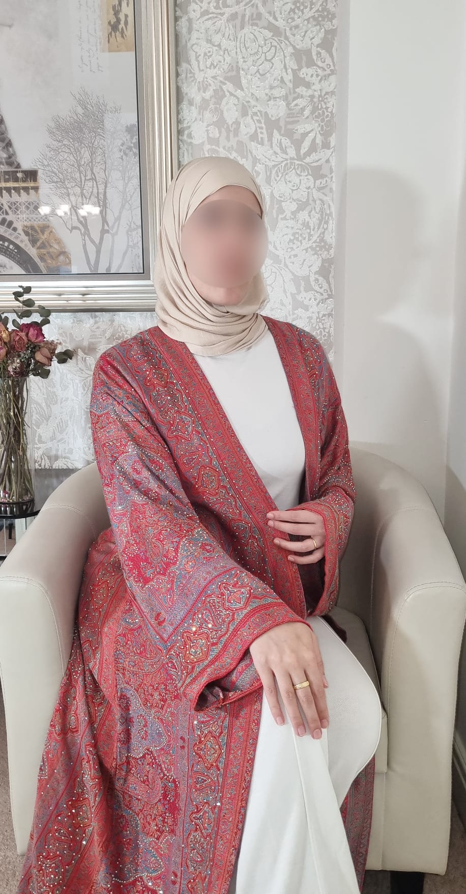 Red Base Multicolour 100% Cashmere Pashmina Occasion Abaya