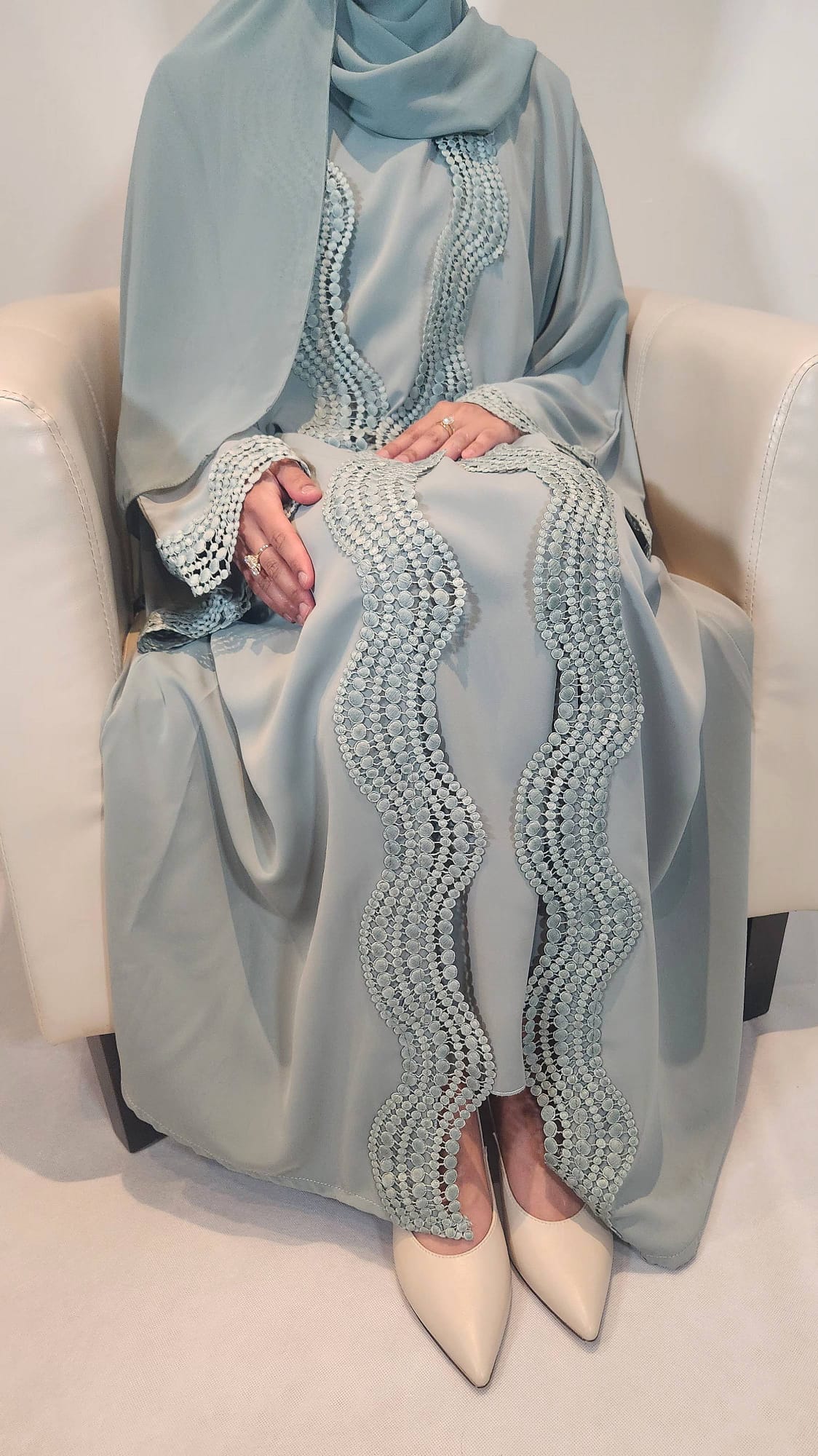 Summer Lace Abaya Sage Green 3 Piece Set