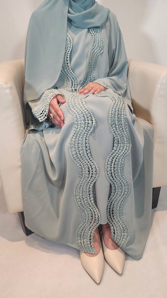 Summer Lace Abaya Sage Green 3 Piece Set