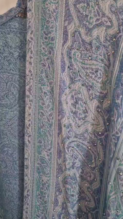 Pastel Blue & Purple 100% Cashmere Pashmina Occasion Abaya